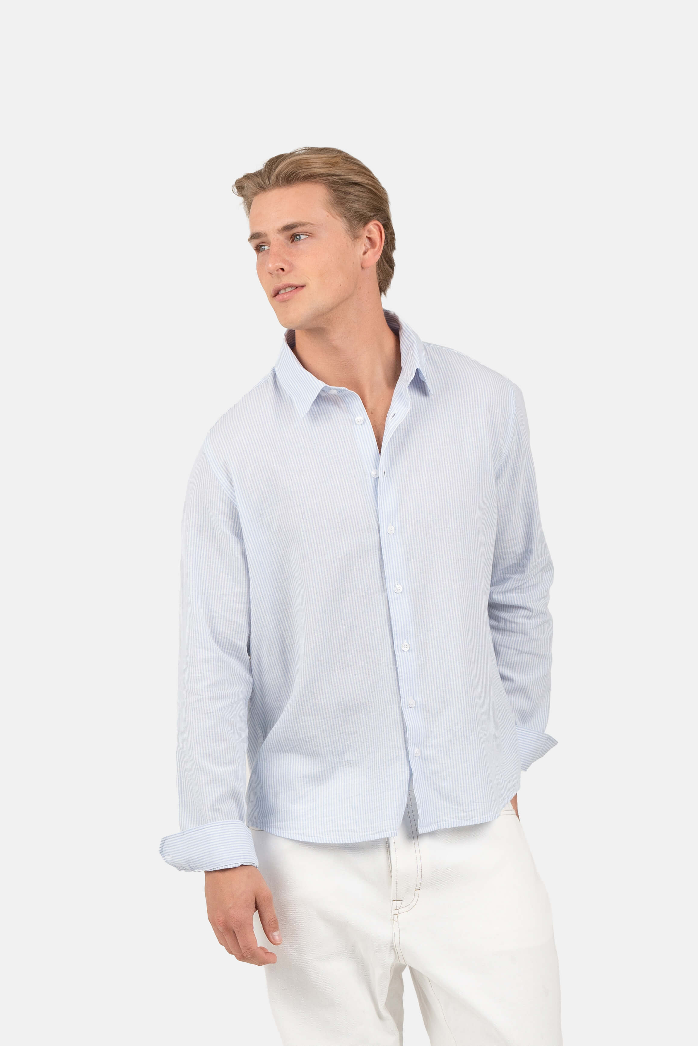 Langærmet Hørskjorte Lyseblå Stribet | Skagen-clothing.dk